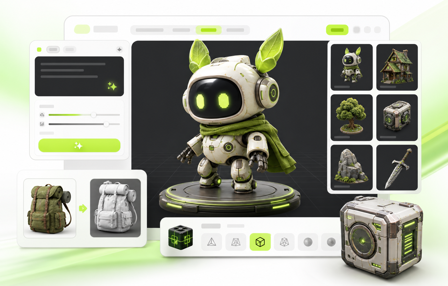 AI 3D model generator workspace showing text to 3D, image to 3D, and export workflow